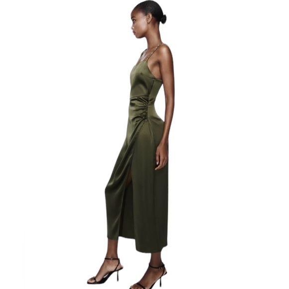 ZARA | NWT Satin Effect Beaded Slip Midi Dress in Khaki/Olive Green, Size Small - Picture 4 of 12